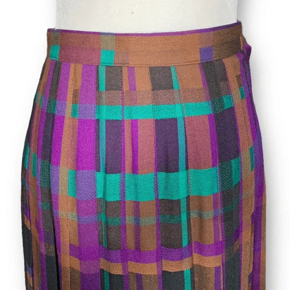 Vintage Christian Dior 80s Purple Plaid Wool Pleated Maxi Skirt Holiday Longline - Picture 3 of 11